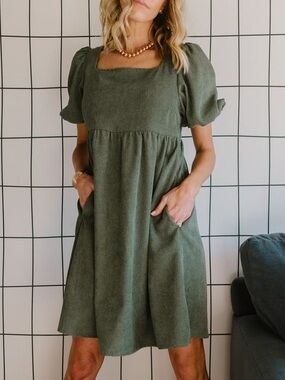 Baltic Born Olive Square Neck Puff Sleeve Dress